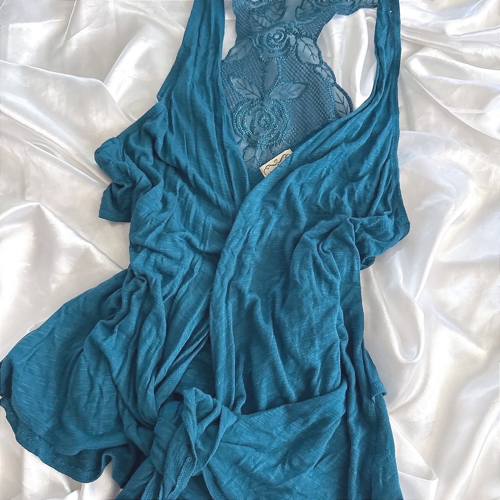 Eyelash Couture Teal Blue Lace Racerback Draped Tank Top Boho Floral L